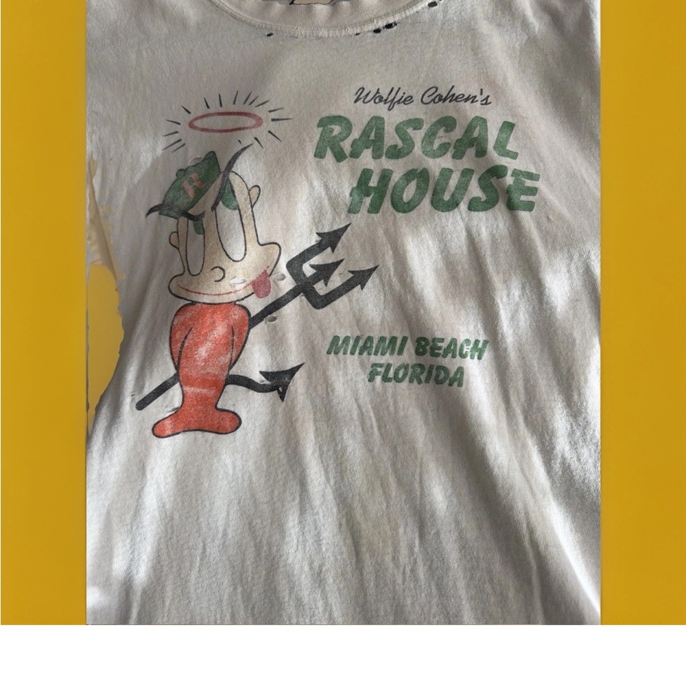 Vintage 1970s famous  Rascal House Tee - White with Green and Orange logo